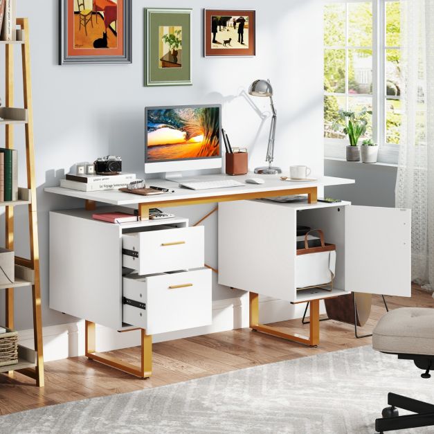 Computer Desk with Floating Desktop and Dual Drawers-White