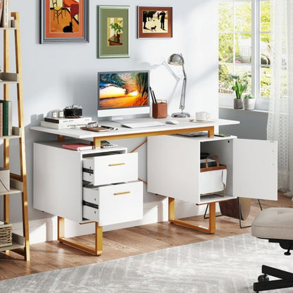 Computer Desk with Floating Desktop and Dual Drawers-White