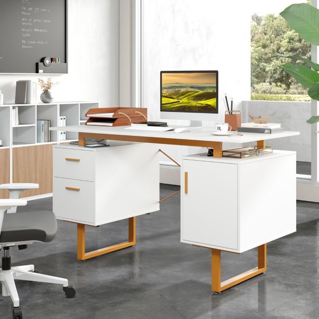 Computer Desk with Floating Desktop and Dual Drawers-White