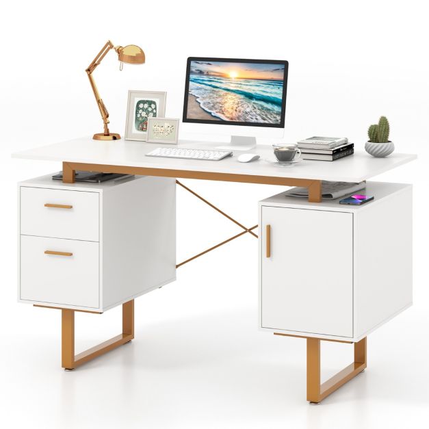 Computer Desk with Floating Desktop and Dual Drawers-White