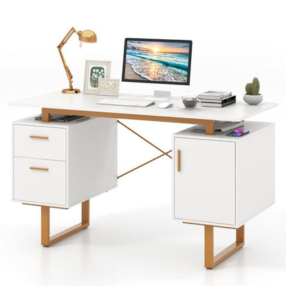 Computer Desk with Floating Desktop and Dual Drawers-White