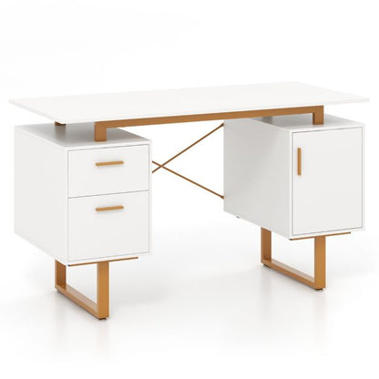 Computer Desk with Floating Desktop and Dual Drawers-White