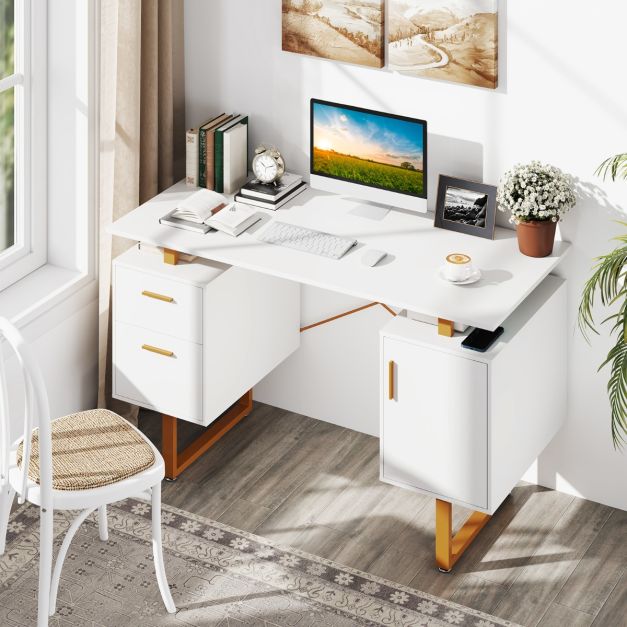 Computer Desk with Floating Desktop and Dual Drawers-White