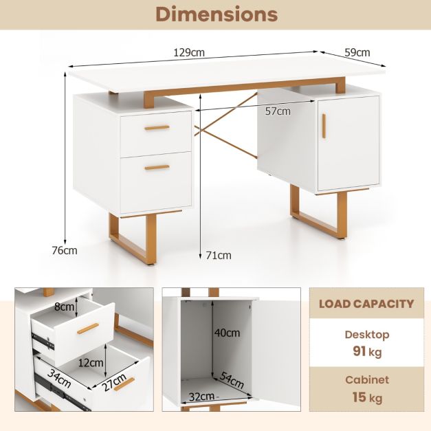Computer Desk with Floating Desktop and Dual Drawers-White