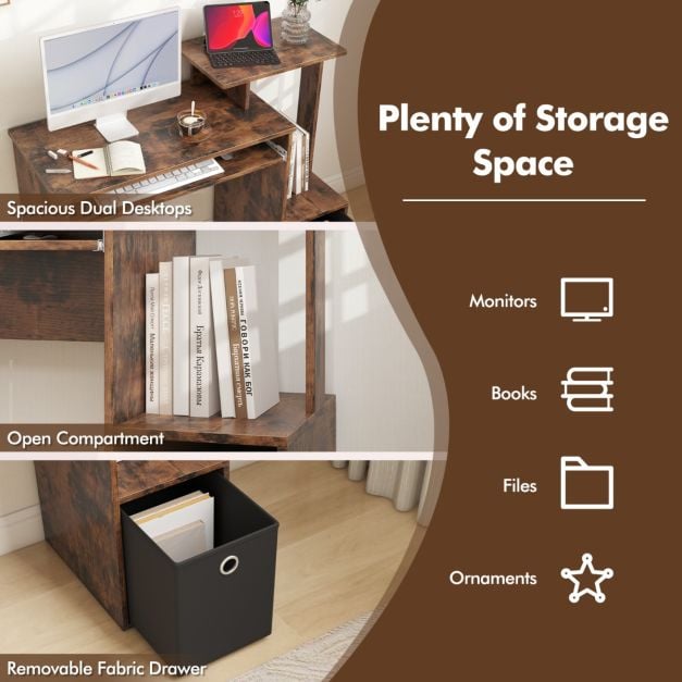 Space-saving Computer Desk with Open Shelf and Fabric Storage Drawer-Rustic Brown