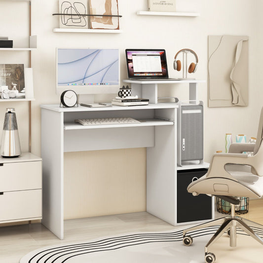 Space-saving Computer Desk with Open Shelf and Fabric Storage Drawer-White