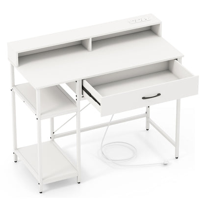 Computer Desk with Power Outlets and Top Shelf-White