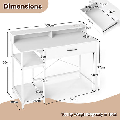 Computer Desk with Power Outlets and Top Shelf-White