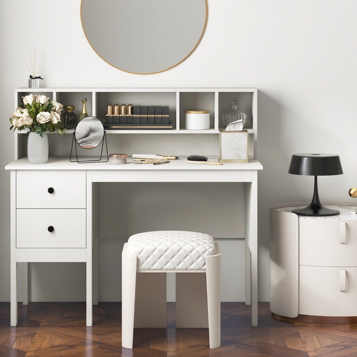 Computer Desk with Power Outlets and 5-Cubby Hutch-White