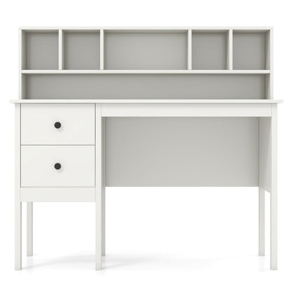 Computer Desk with Power Outlets and 5-Cubby Hutch-White