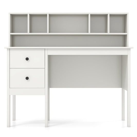Computer Desk with Power Outlets and 5-Cubby Hutch-White