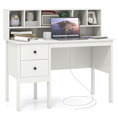 Computer Desk with Power Outlets and 5-Cubby Hutch-White