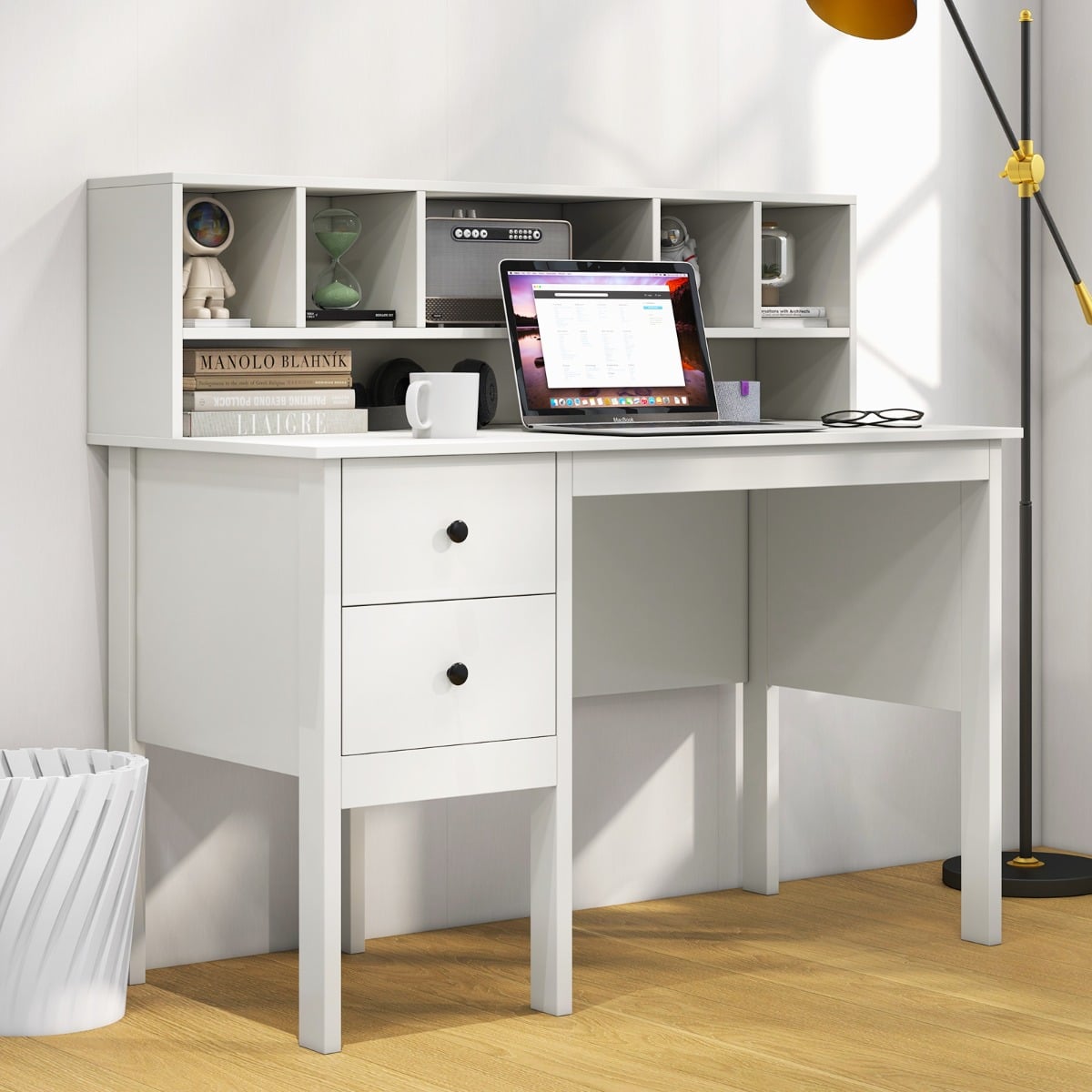 Computer Desk with Power Outlets and 5-Cubby Hutch-White