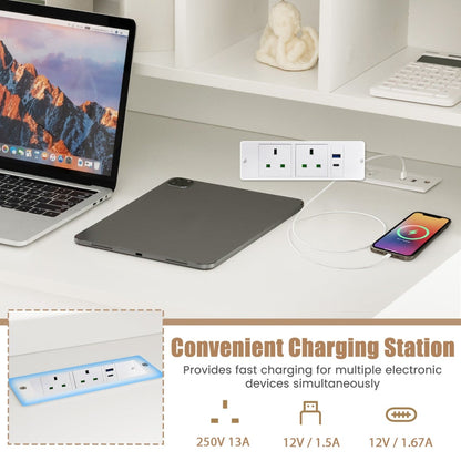 Computer Desk with Power Outlets and 5-Cubby Hutch-White