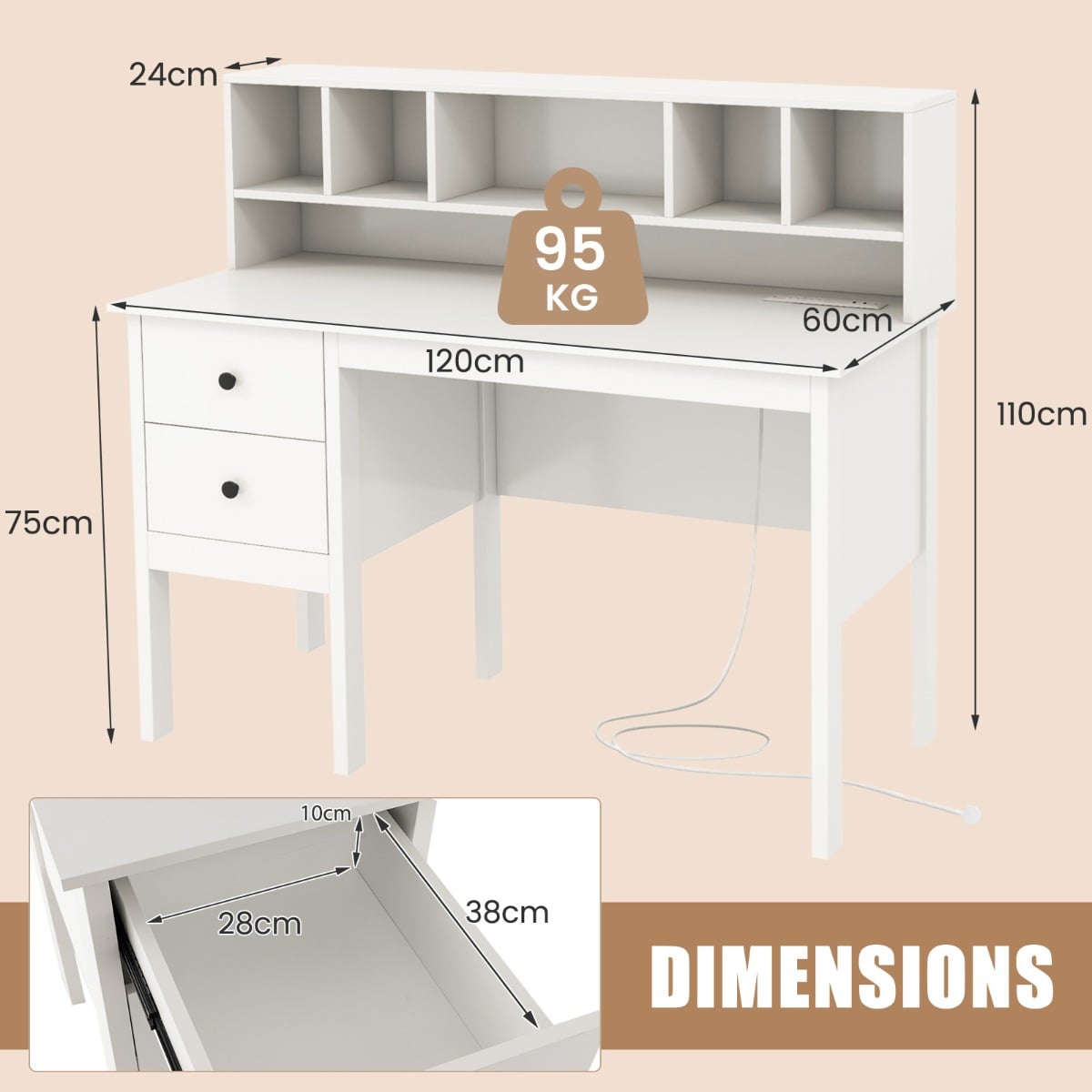 Computer Desk with Power Outlets and 5-Cubby Hutch-White
