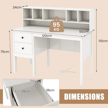 Computer Desk with Power Outlets and 5-Cubby Hutch-White