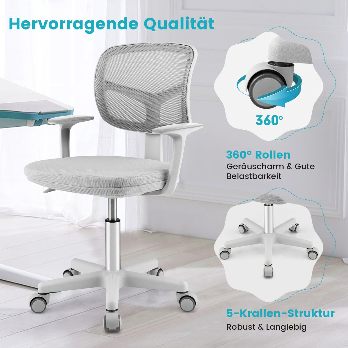 Adjustable Desk Chair with 5 Rolling Casters for Kids-Gray