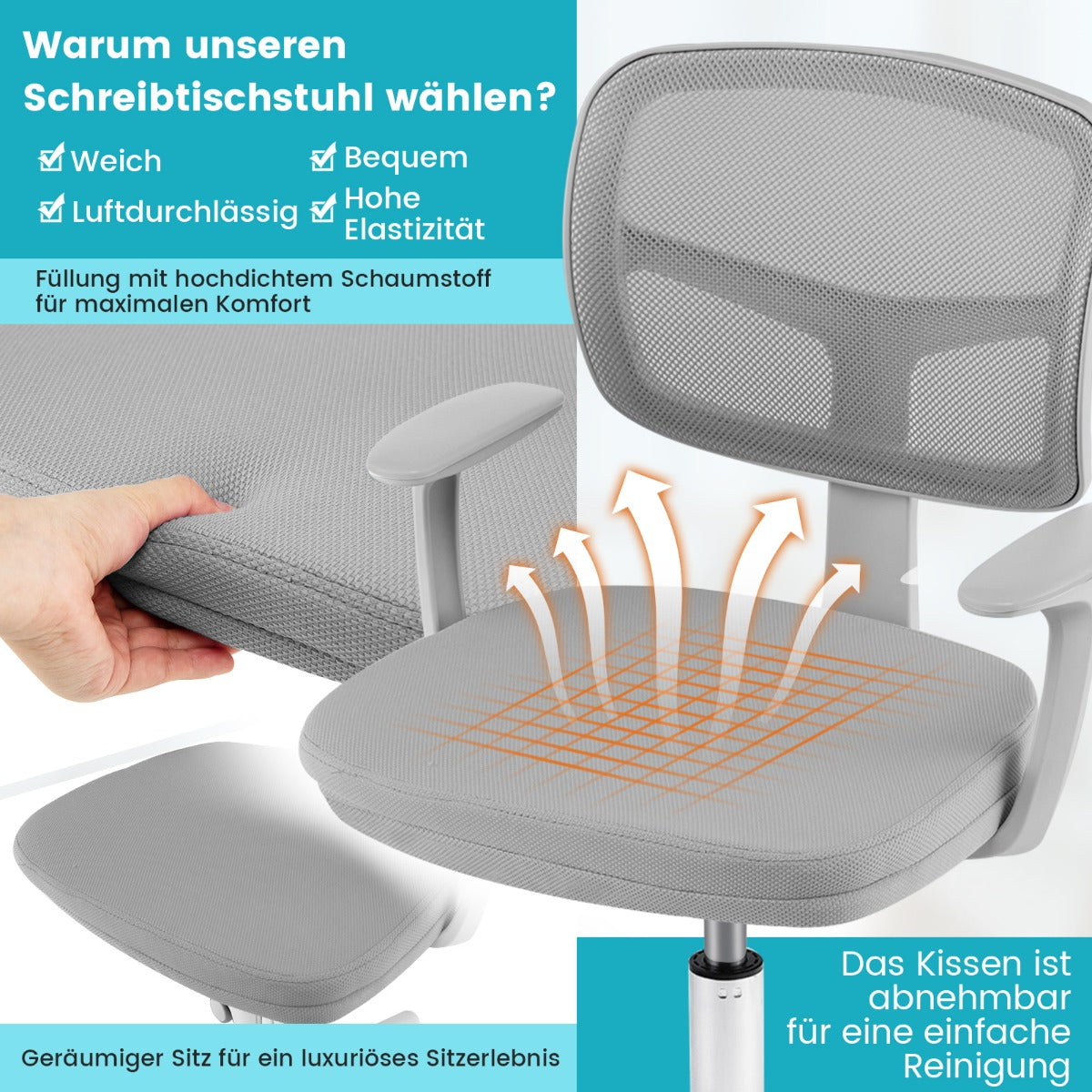 Adjustable Desk Chair with 5 Rolling Casters for Kids-Gray