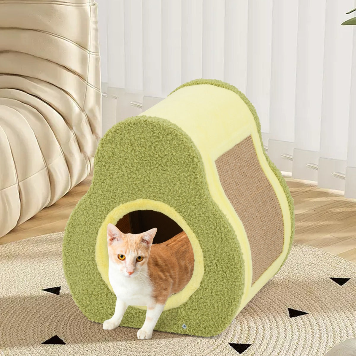 Avocado Shaped Cat House Cute Shelter with Jute Scratching Post Round Cat Hole Compact Condo with Scratching Post 35 x 33 x 40 cm Green