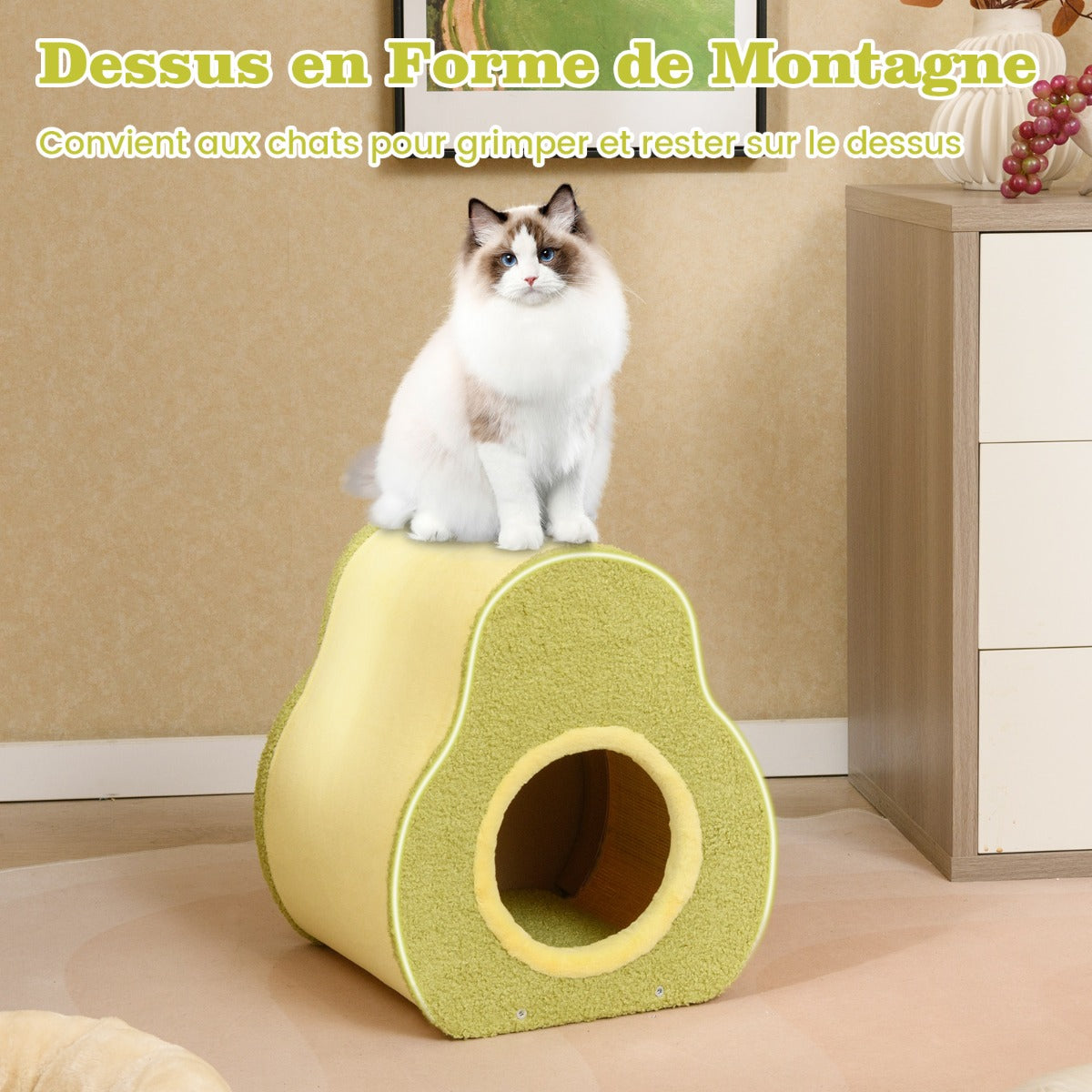 Avocado Shaped Cat House Cute Shelter with Jute Scratching Post Round Cat Hole Compact Condo with Scratching Post 35 x 33 x 40 cm Green