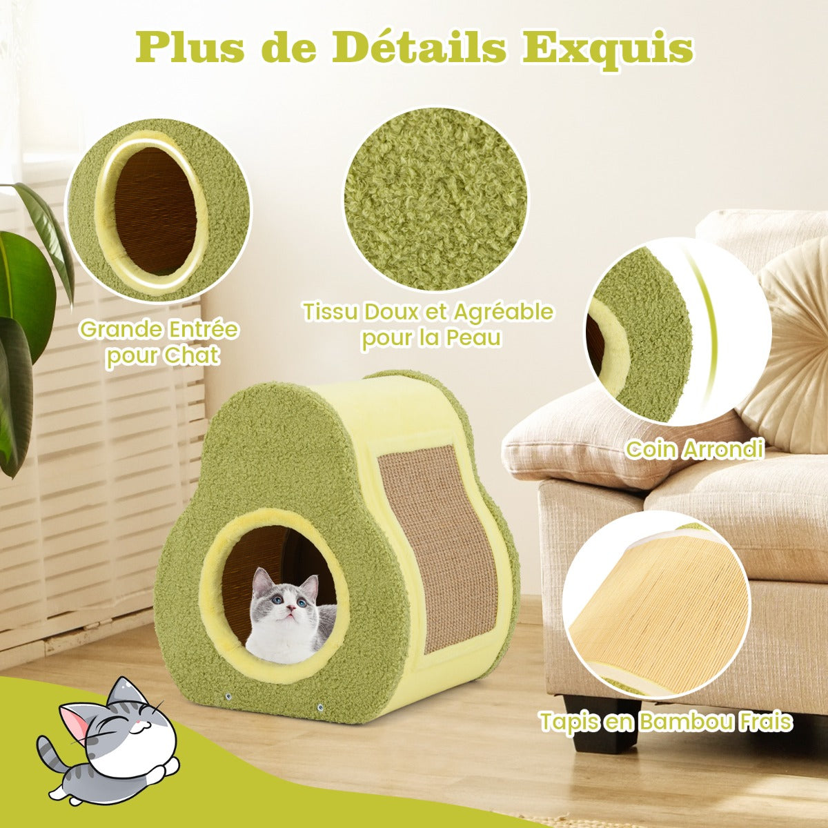 Avocado Shaped Cat House Cute Shelter with Jute Scratching Post Round Cat Hole Compact Condo with Scratching Post 35 x 33 x 40 cm Green