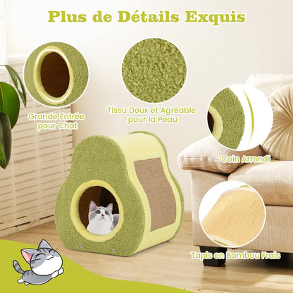 Avocado Shaped Cat House Cute Shelter with Jute Scratching Post Round Cat Hole Compact Condo with Scratching Post 35 x 33 x 40 cm Green