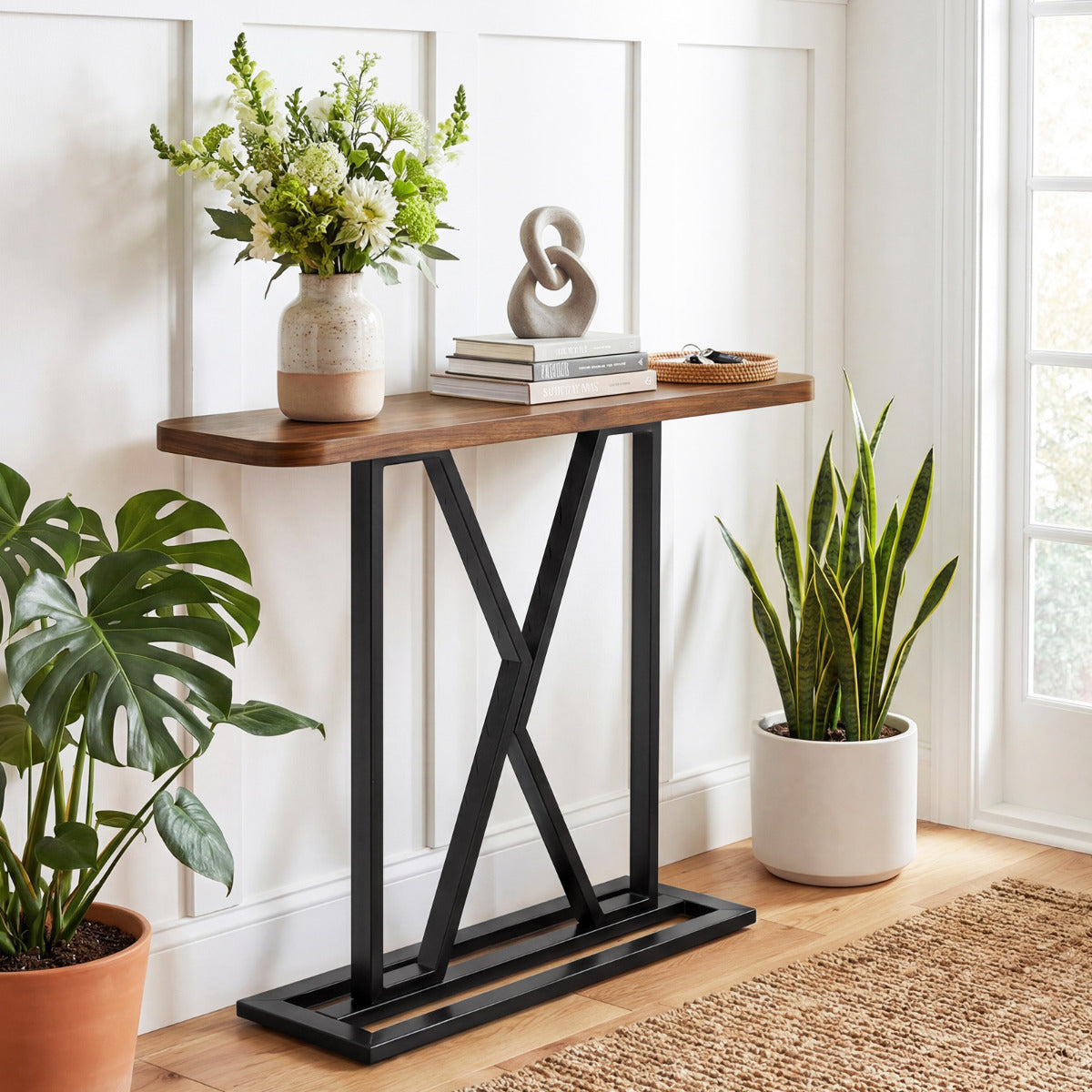 100 cm Rectangular Console Table with Geometric Metal Frame-Rustic Brown