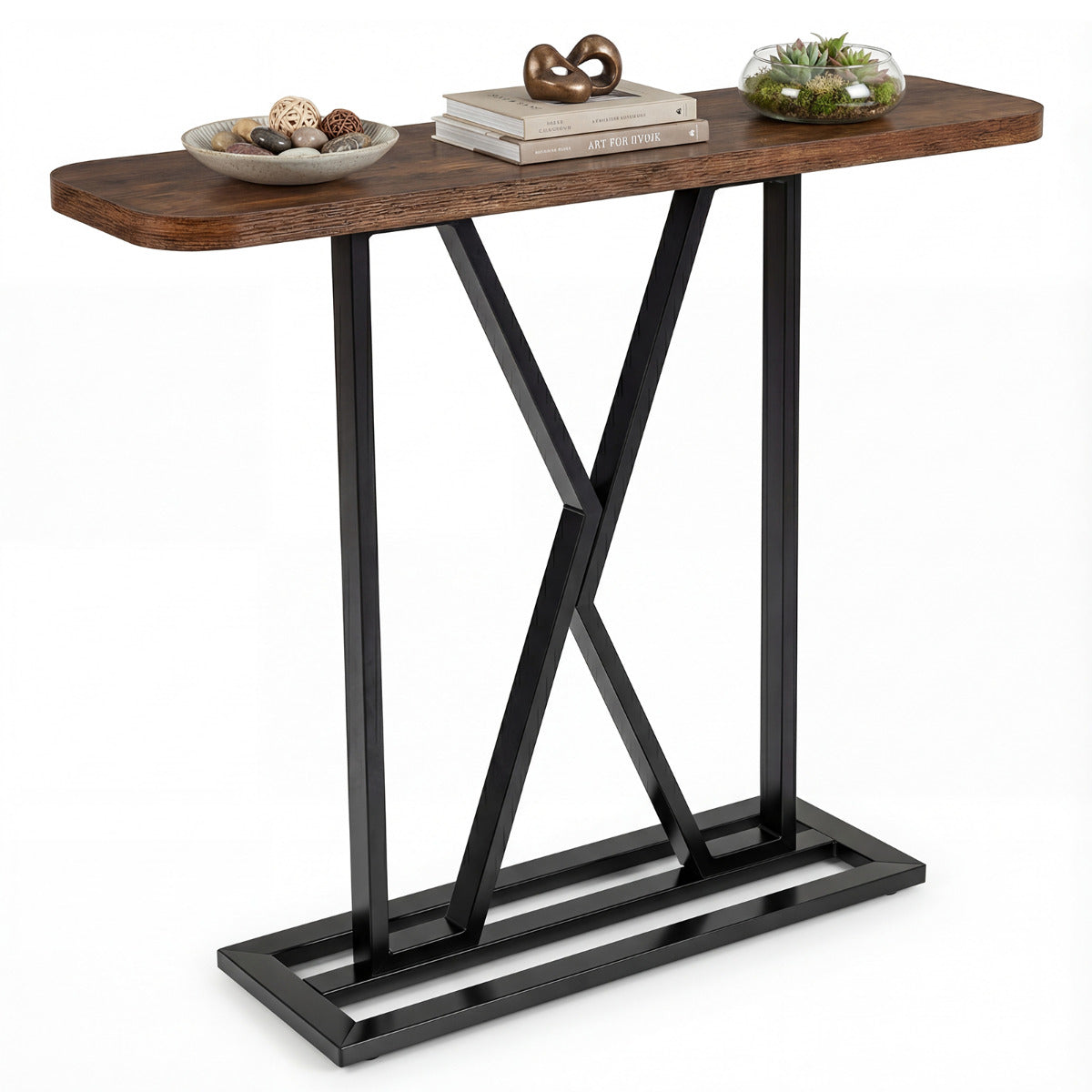 100 cm Rectangular Console Table with Geometric Metal Frame-Rustic Brown