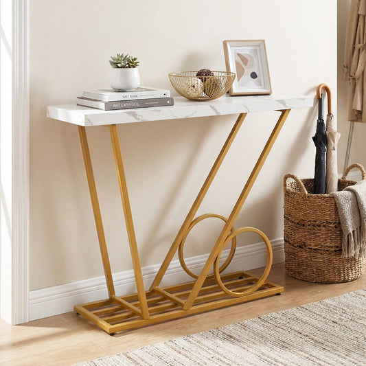 100CM Modern Faux Marble Console Table with Cart-inspired Design-White