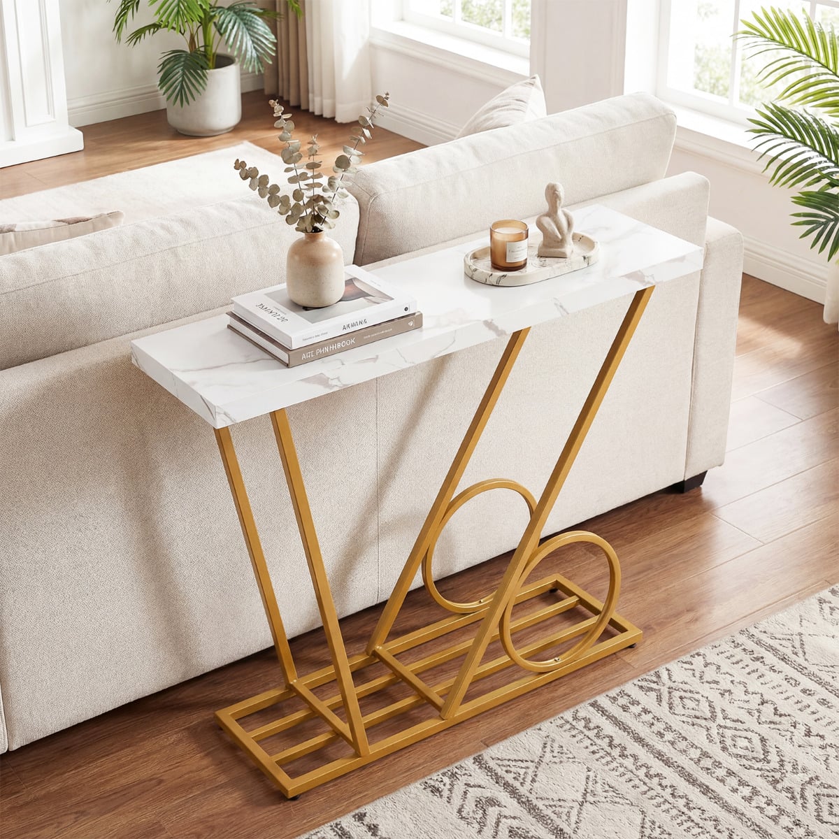 100CM Modern Faux Marble Console Table with Cart-inspired Design-White