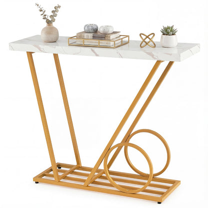 100CM Modern Faux Marble Console Table with Cart-inspired Design-White