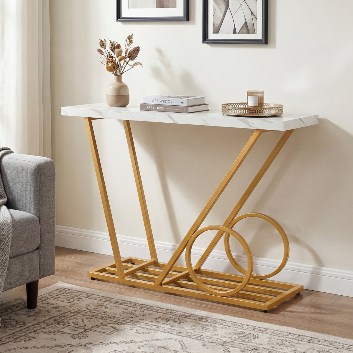 100CM Modern Faux Marble Console Table with Cart-inspired Design-White