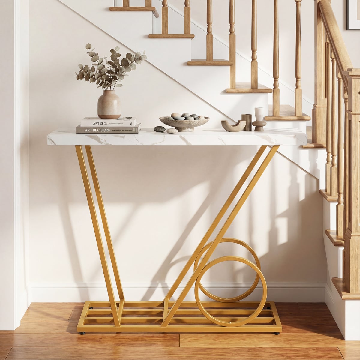 100CM Modern Faux Marble Console Table with Cart-inspired Design-White