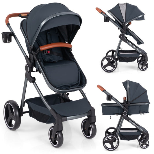 Convertible Baby Stroller with Footmuff and Extendable Canopy-Dark Blue