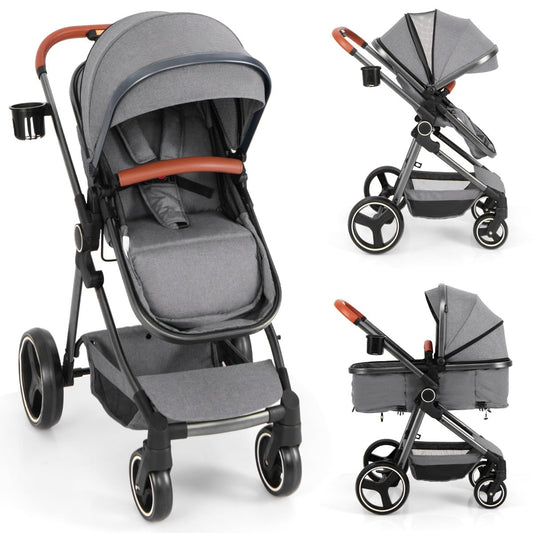 Convertible Baby Stroller with Footmuff and Extendable Canopy-Grey