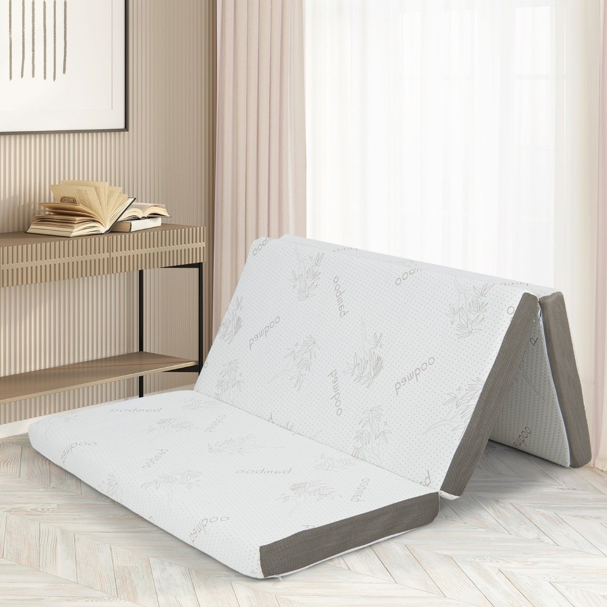 Cool Gel Memory Foam Folding Mattress with Bamboo Cover and Mesh Border Fabric-L