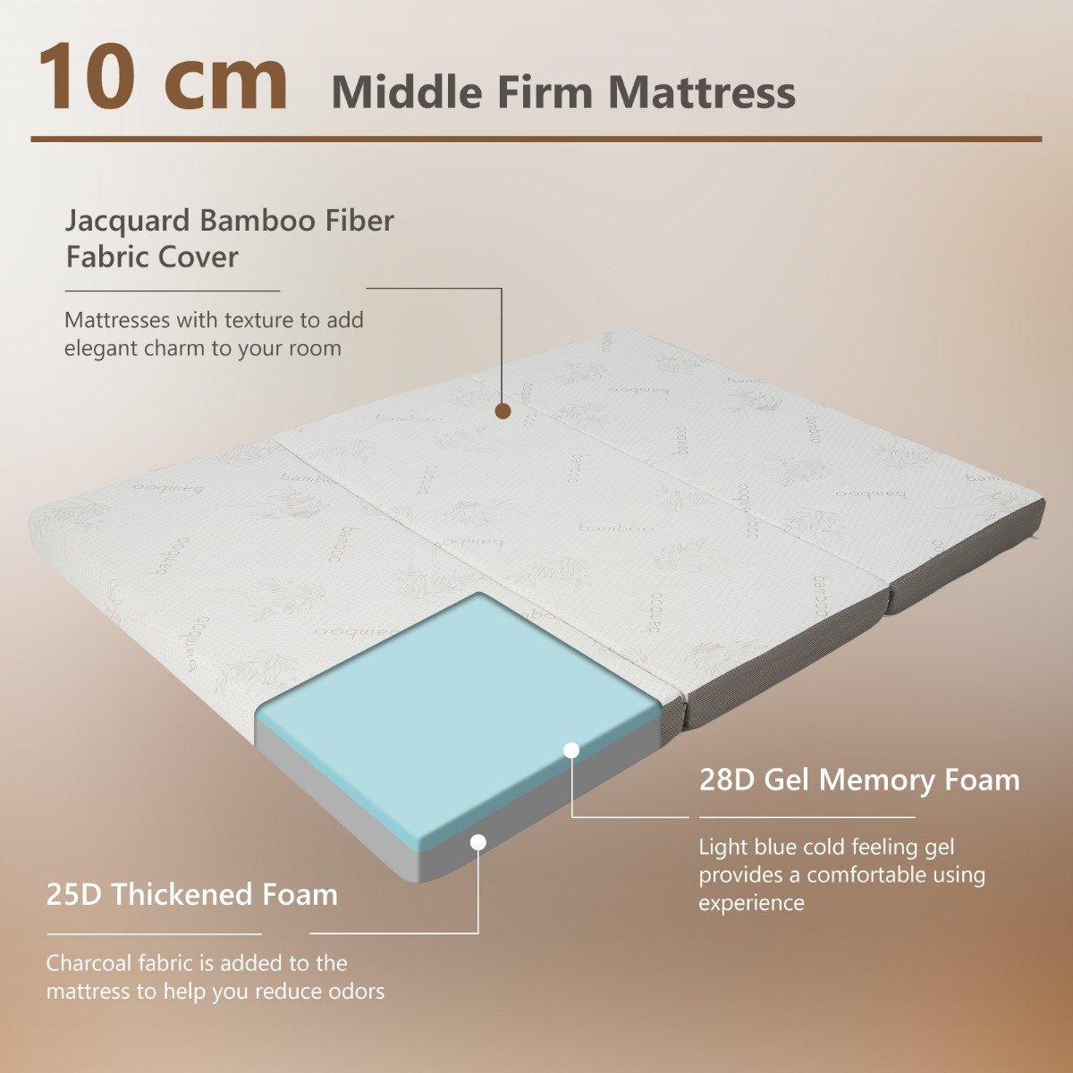 Cool Gel Memory Foam Folding Mattress with Bamboo Cover and Mesh Border Fabric-L