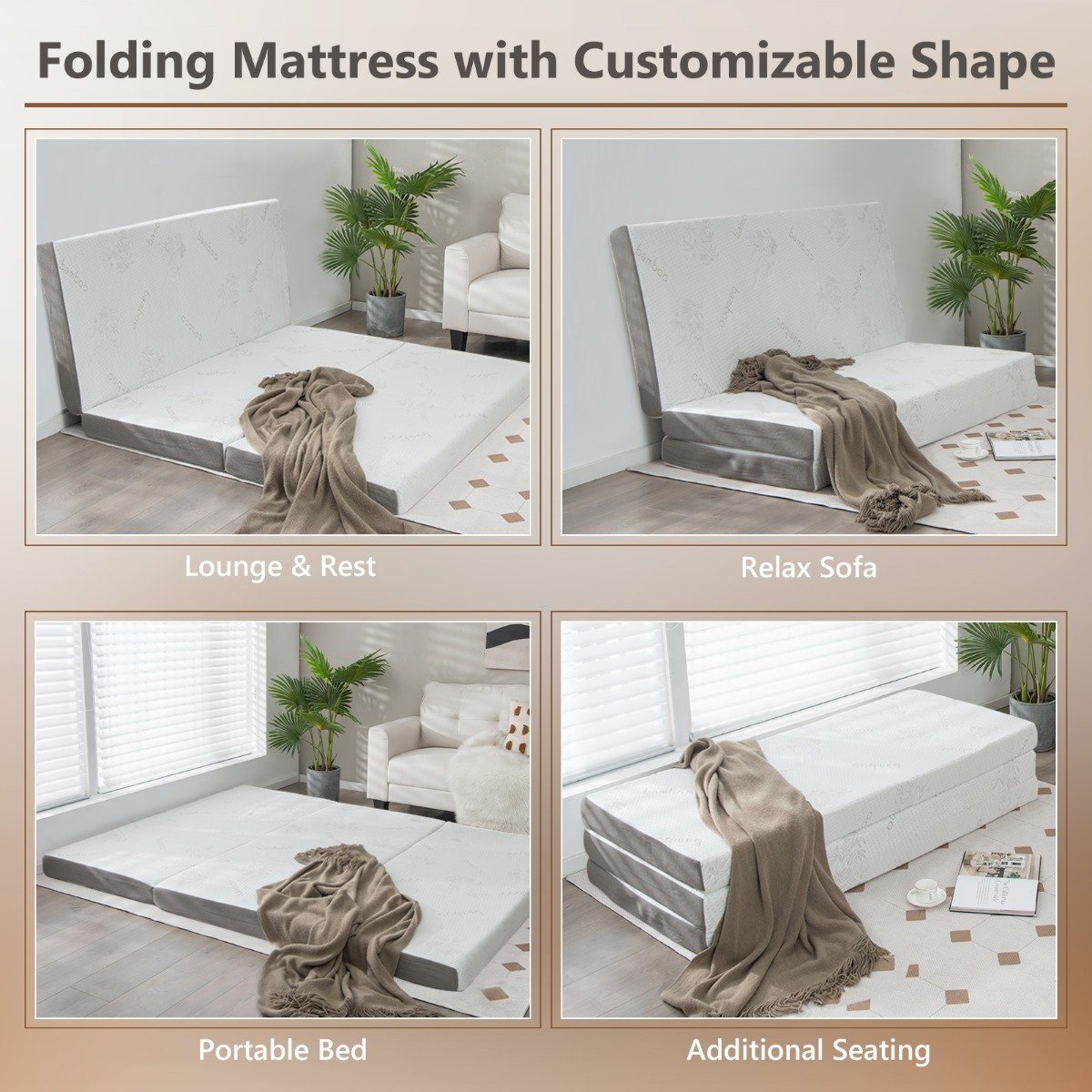Cool Gel Memory Foam Folding Mattress with Bamboo Cover and Mesh Border Fabric-L