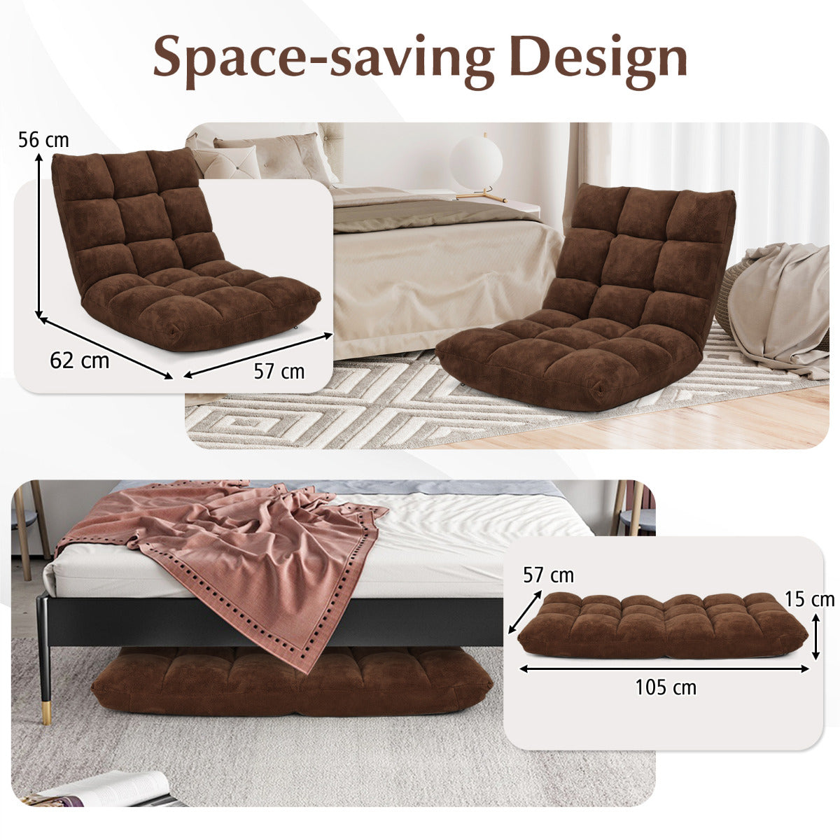 Coral Velvet Floor Gaming Chair with 14-Position Adjustable Back-Coffee