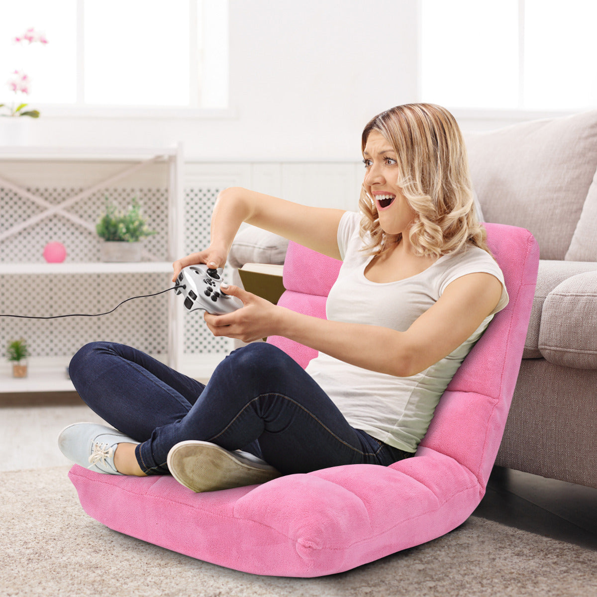 Coral Velvet Floor Gaming Chair with 14-Position Adjustable Back-Pink