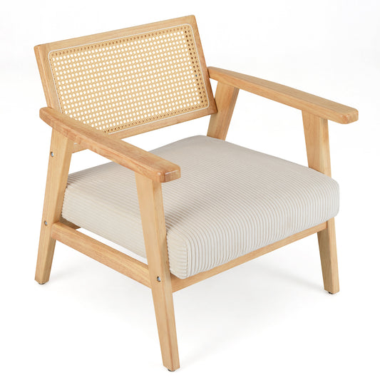 Corduroy Accent Chair with Upholstered Seat and Rattan Back-Natural