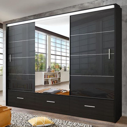 Cornelia 250cm Large High Gloss Sliding Door Wardrobe - Black, White, Grey