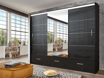 Cornelia 250cm Large High Gloss Sliding Door Wardrobe - Black, White, Grey