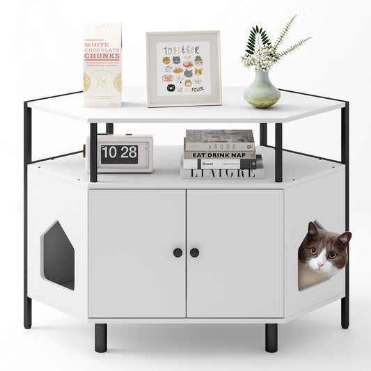 Corner Cat Litter Box Enclosure with Open Shelf-White