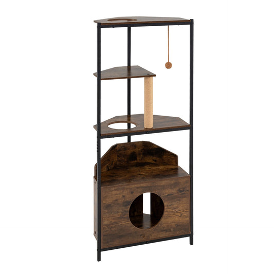 Corner Cat Tree with Scratching Post Playing Ball and Through-hole Design-Rusticbrown