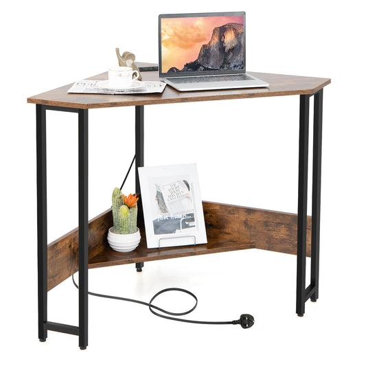 Corner Desk 90-degree Triangle Computer Desk with Power Outlet-Rustic Brown