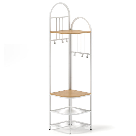 Corner Hall Tree 4-Tier Coat Rack with Storage Bench and Hooks-Natural