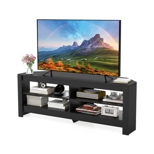 Corner TV Stand with Power Outlet and 4 Open Storage Shelves-Black