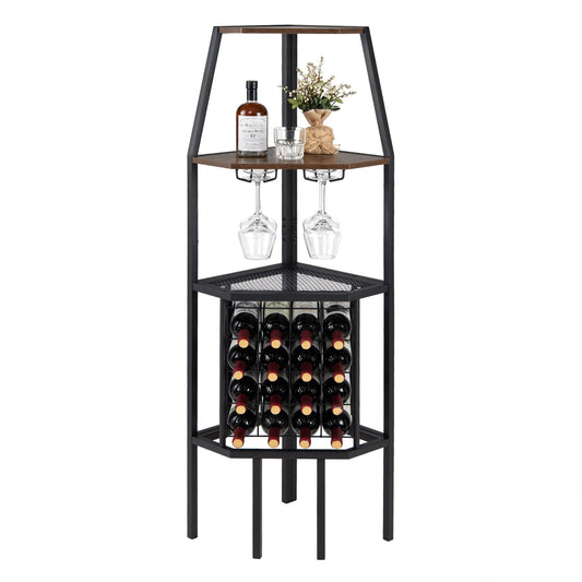 Corner Wine Rack with Glass Holder and Storage Shelves-Rustic Brown
