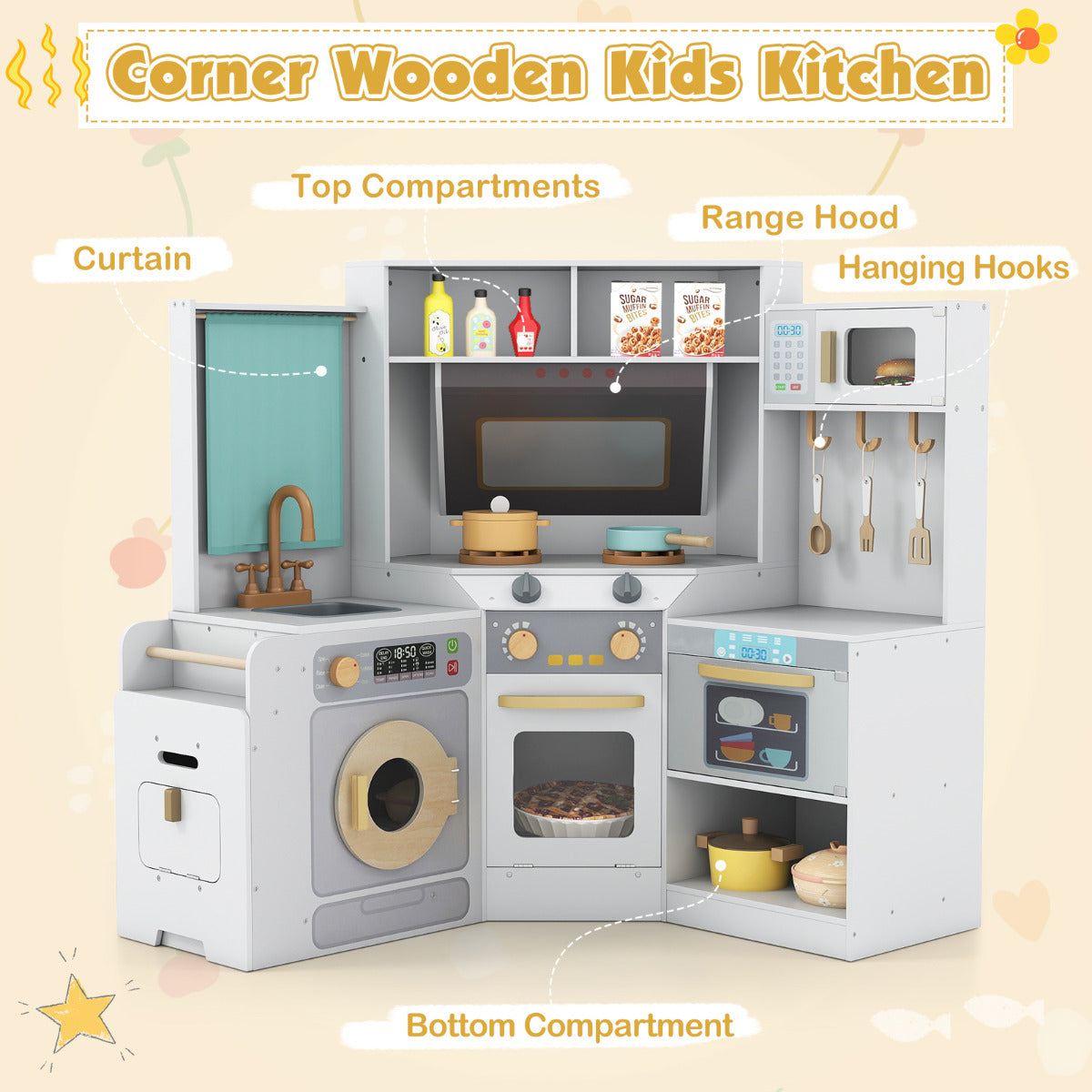Corner Kitchen Playset with Pull-out Trash Can-Light Grey